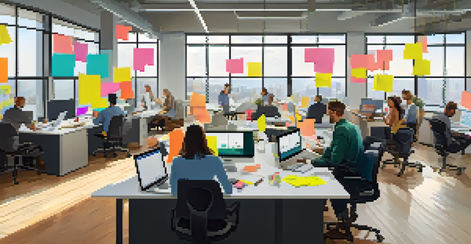 A diverse team working together in a bright modern office, surrounded by laptops and colorful sticky notes, emphasizing collaboration.