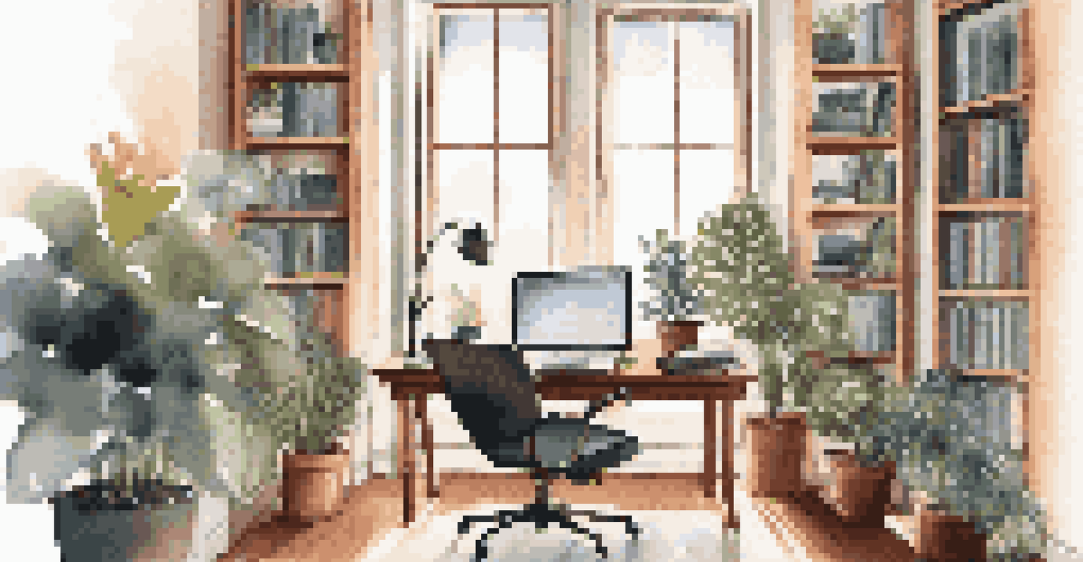A cozy home office with a young professional working on a laptop at a stylish desk, surrounded by houseplants and bookshelves, creating a warm and inviting setting.
