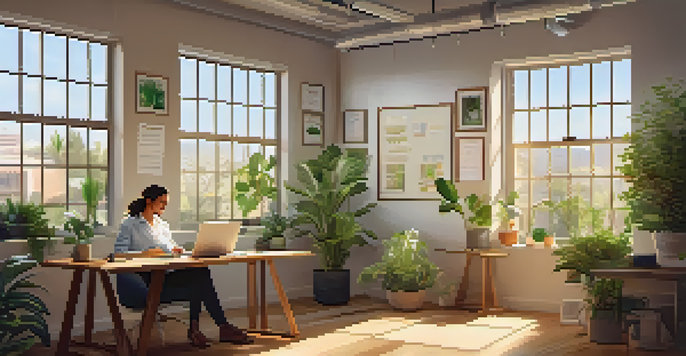 A person sitting at a desk in a cozy office, reviewing feedback on a laptop with plants and motivational quotes around them.