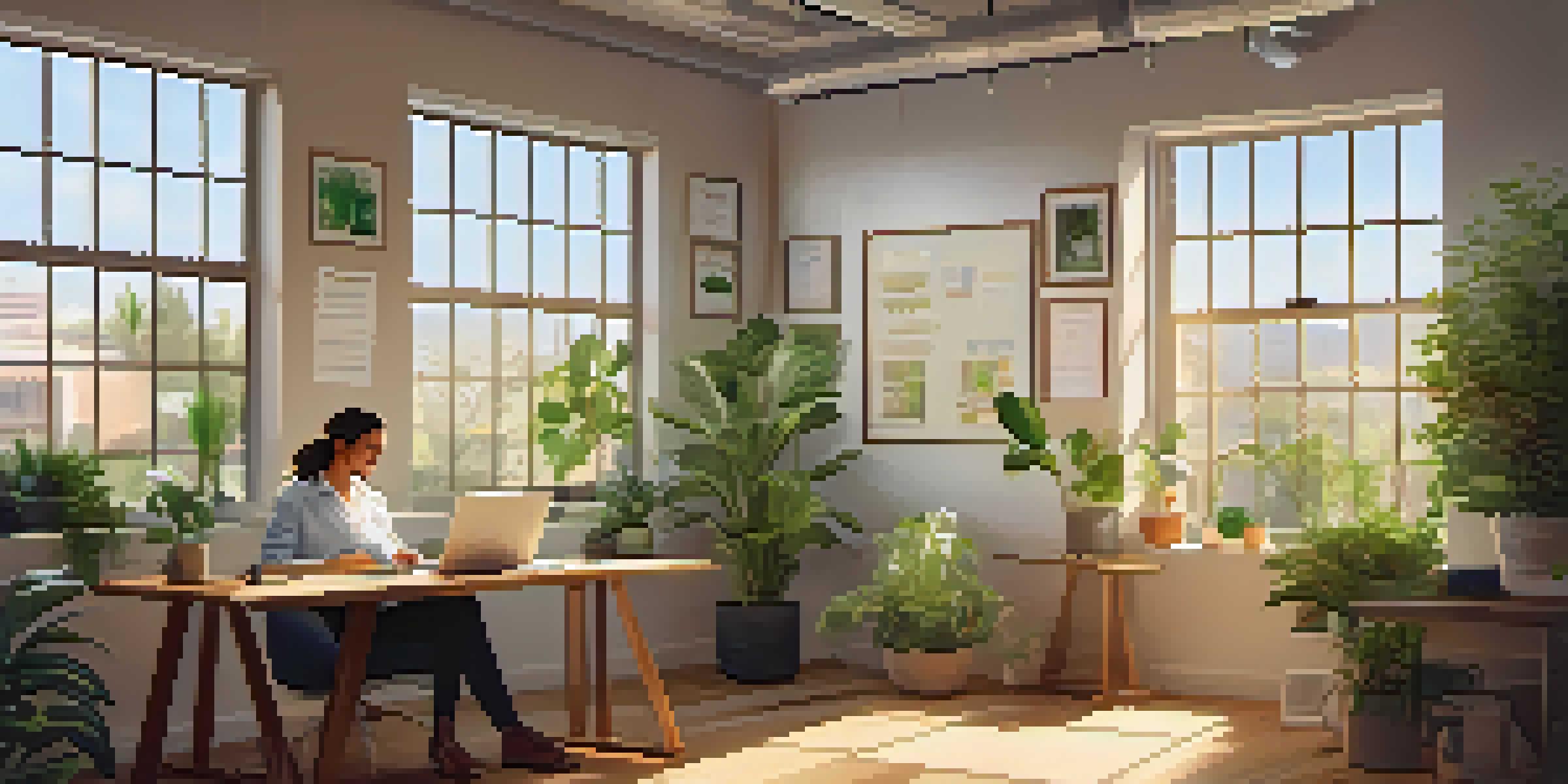 A person sitting at a desk in a cozy office, reviewing feedback on a laptop with plants and motivational quotes around them.
