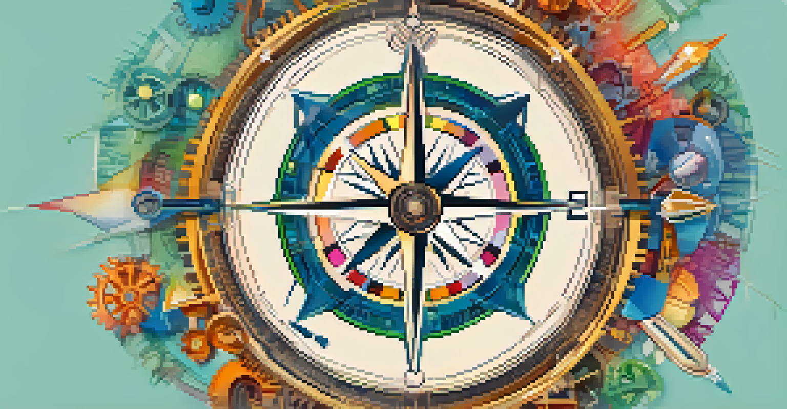 An abstract compass surrounded by professional symbols, symbolizing career navigation and growth.