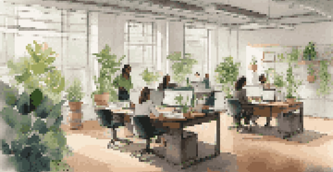 A bright and organized office with sunlight, featuring a desk with a laptop and plants, and a diverse team collaborating in the background.