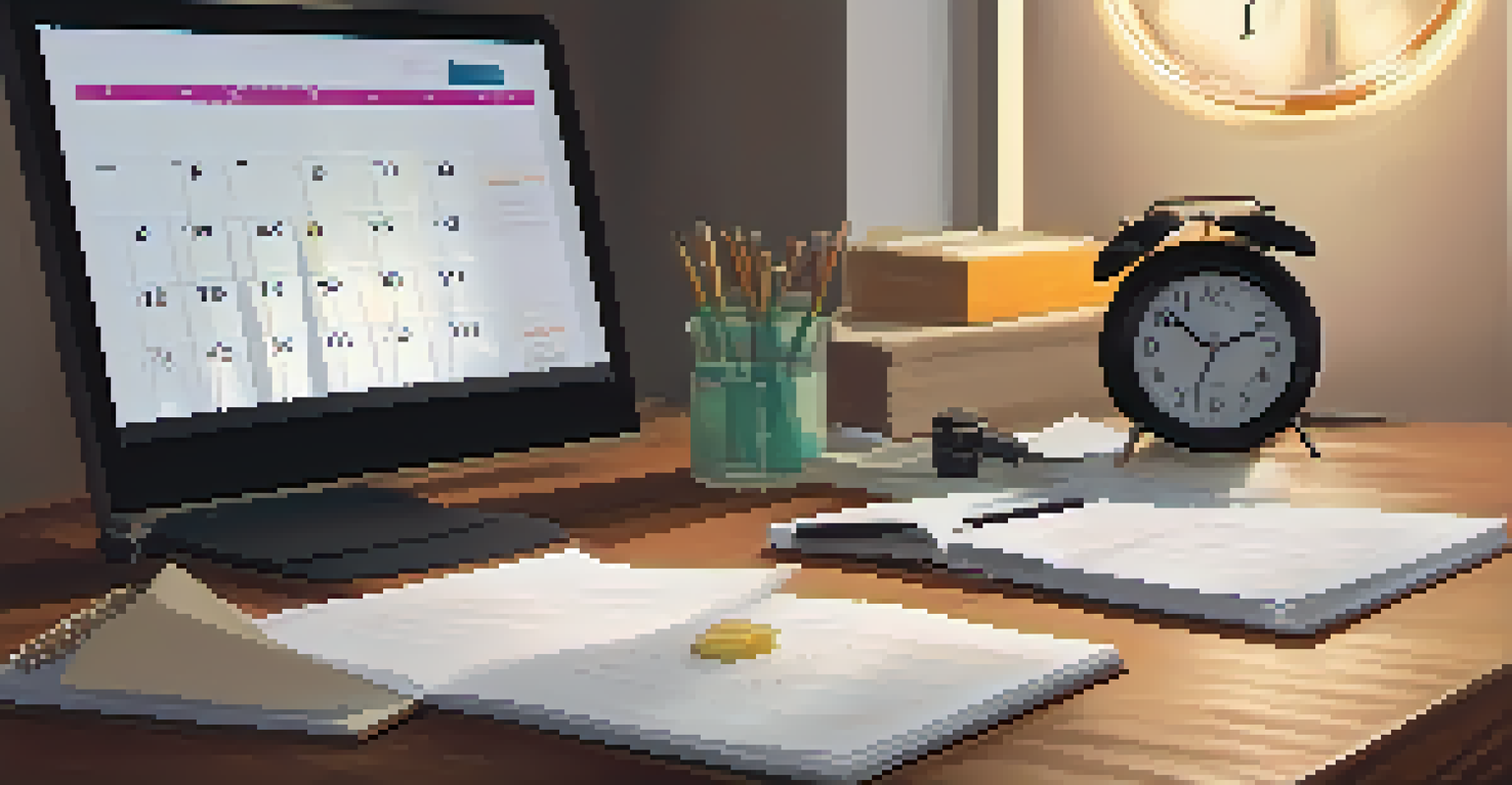A close-up of a clock and an open planner on a desk, highlighting organized notes and a warm atmosphere.