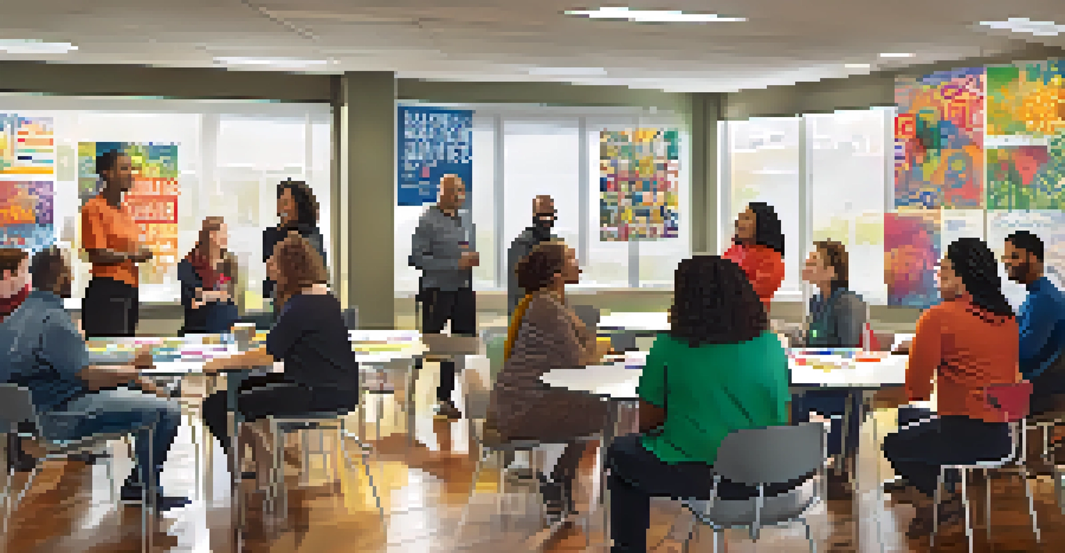 A lively employee resource group meeting, showcasing individuals sharing experiences in a colorful and supportive environment.