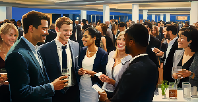 A lively networking event with a diverse group of professionals engaged in conversation and exchanging business cards in a modern venue.