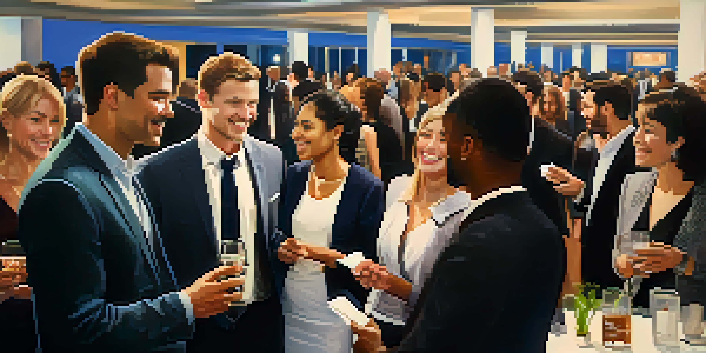 A lively networking event with a diverse group of professionals engaged in conversation and exchanging business cards in a modern venue.