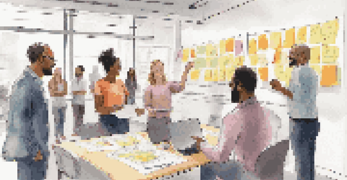 A group of diverse professionals in a bright meeting room discussing their project during a daily stand-up meeting, with colorful post-it notes on the walls.