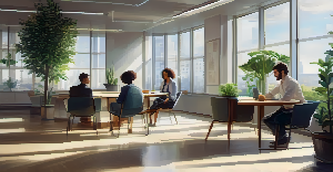 Two colleagues in a bright office, one person actively listening while the other speaks, creating a collaborative atmosphere.