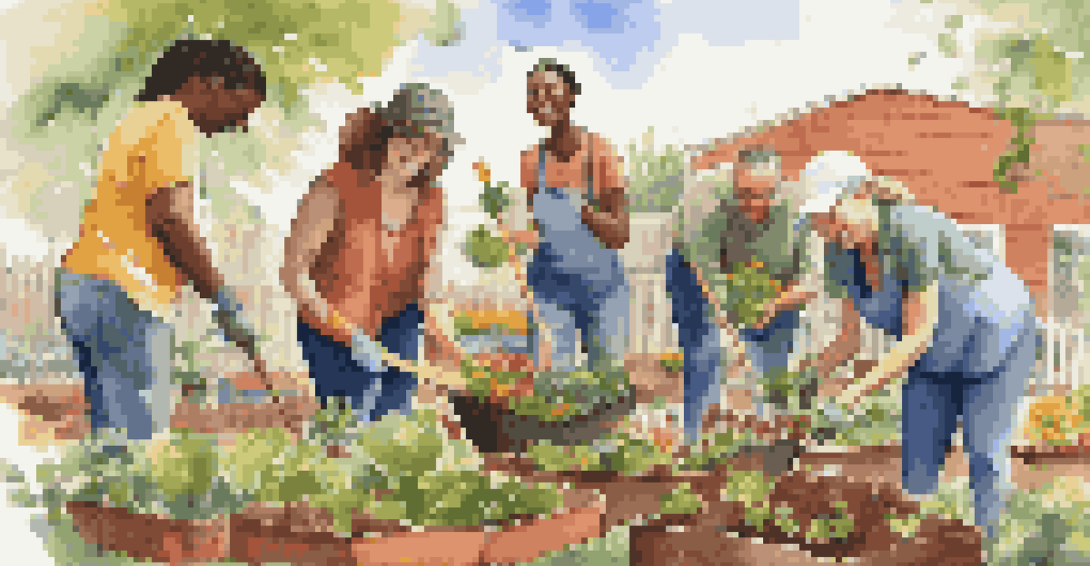A group of diverse volunteers planting in a community garden, showcasing teamwork and vibrant colors of plants.