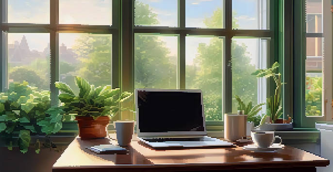 A bright and organized office space with a view of a garden, featuring a laptop, a potted plant, and a cup of coffee, illuminated by soft sunlight.