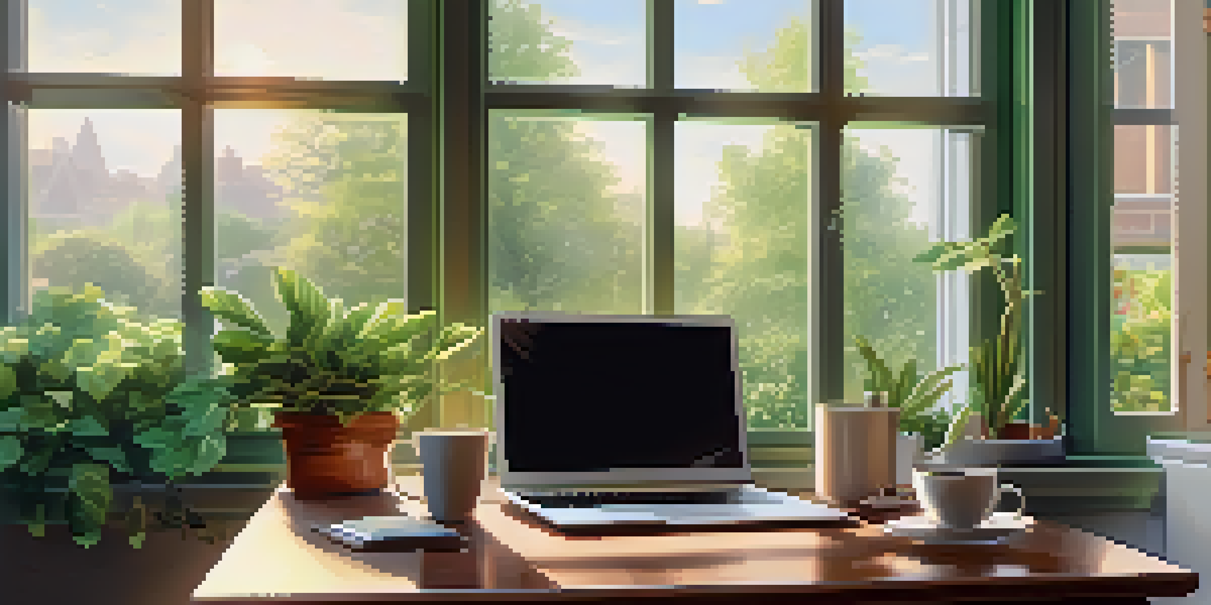 A bright and organized office space with a view of a garden, featuring a laptop, a potted plant, and a cup of coffee, illuminated by soft sunlight.