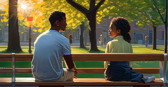 A mentor and mentee engaged in conversation on a park bench during sunset, surrounded by trees.