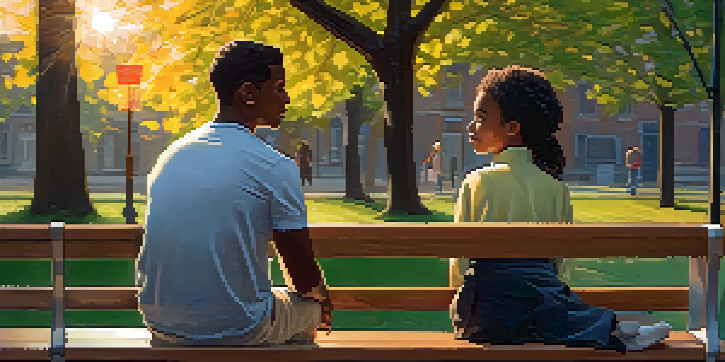 A mentor and mentee engaged in conversation on a park bench during sunset, surrounded by trees.