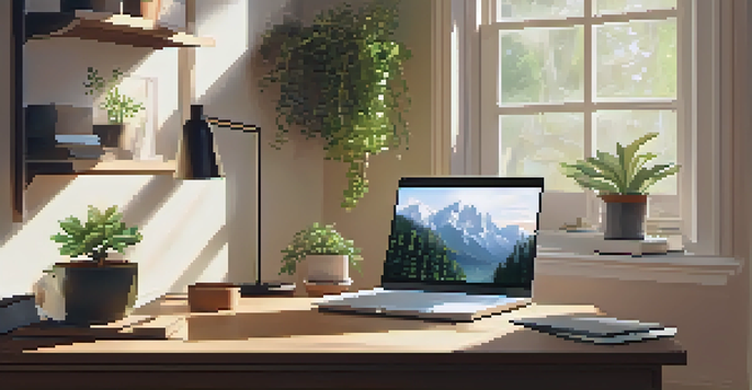 A peaceful home workspace with a desk and laptop, surrounded by plants and a family photo, illuminated by natural light.