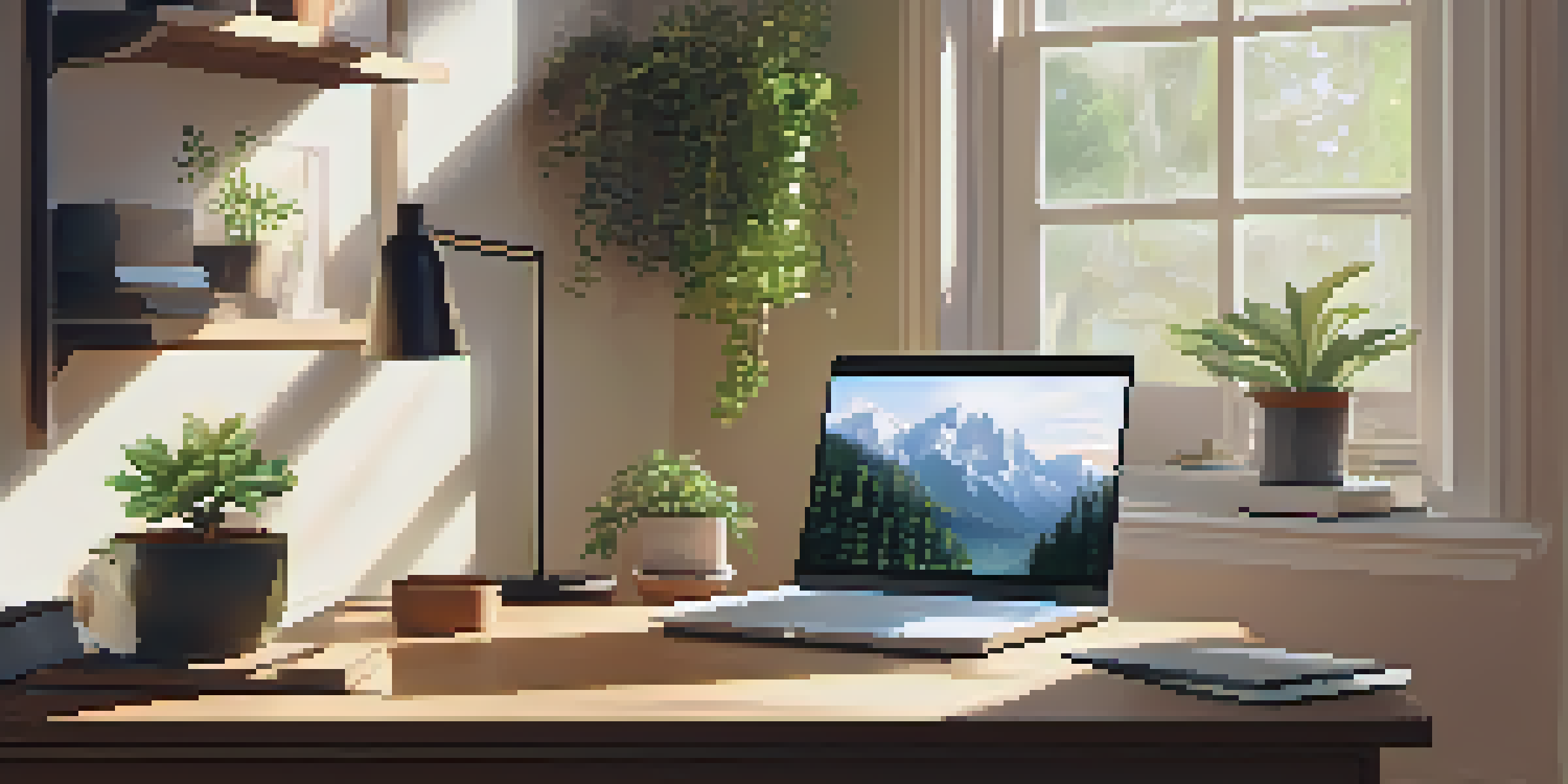A peaceful home workspace with a desk and laptop, surrounded by plants and a family photo, illuminated by natural light.