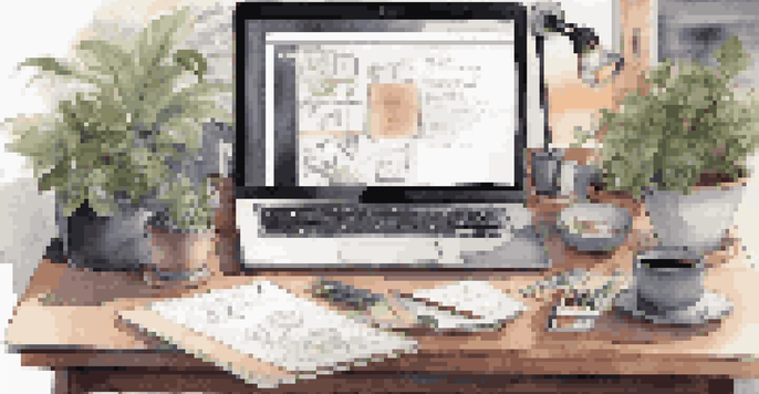 A workspace with a laptop displaying a portfolio, sketches, a notepad, and a coffee cup, all under warm lighting.