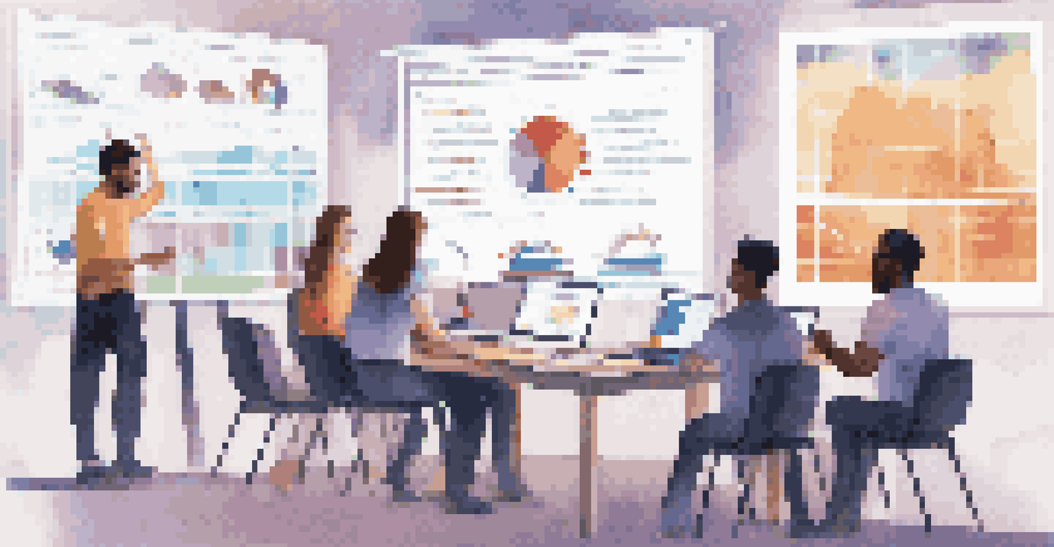 A group of diverse students collaborating in a data science workshop, with laptops and charts projected on a wall.