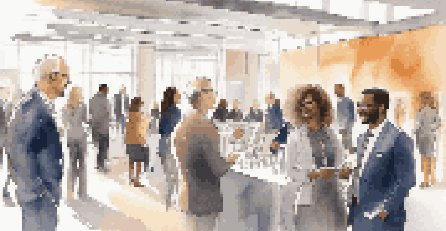 A diverse group of professionals networking at a conference hall, engaging in conversation and exchanging ideas.