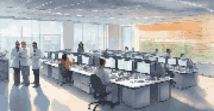 A modern bioinformatics lab where scientists analyze genetic data on computers, showcasing collaboration and advanced technology.