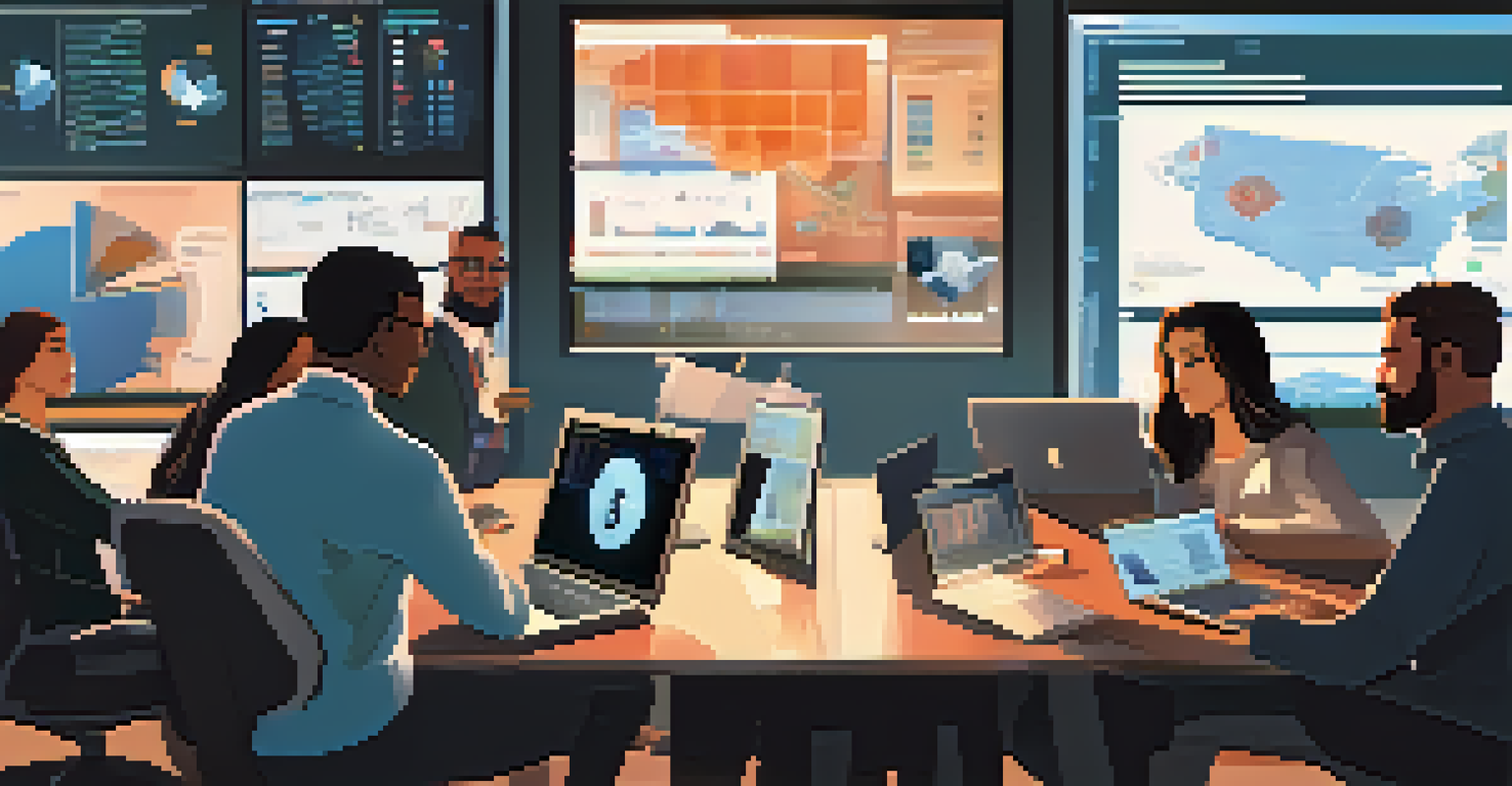 A diverse team of professionals collaborating around a table discussing cybersecurity strategies with laptops and visual aids.