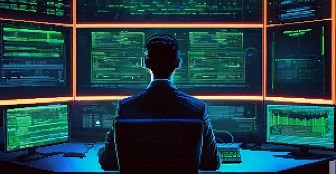 A cybersecurity expert focused on computer screens displaying security data and codes, with neon lighting in a modern workspace.