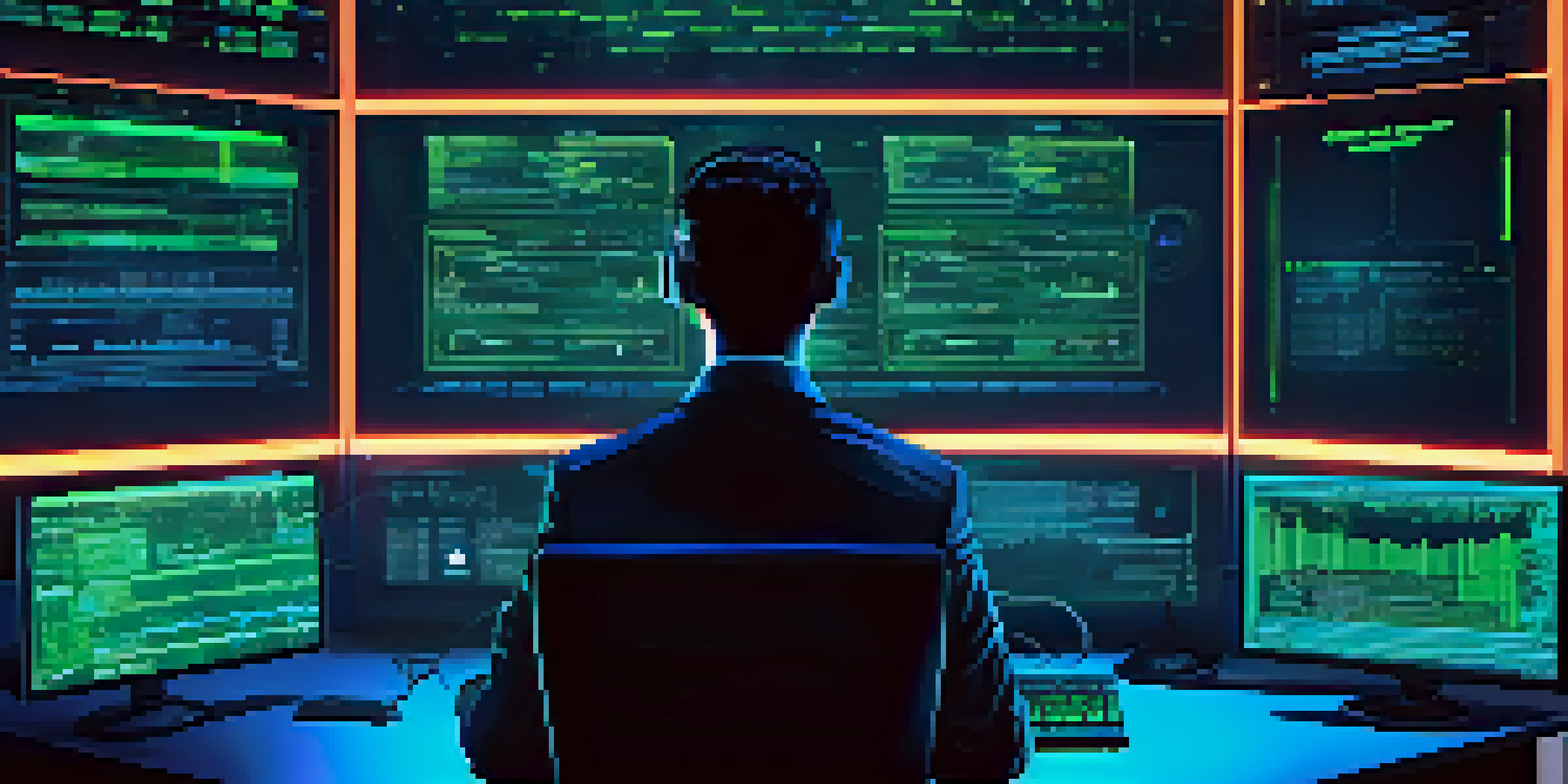A cybersecurity expert focused on computer screens displaying security data and codes, with neon lighting in a modern workspace.