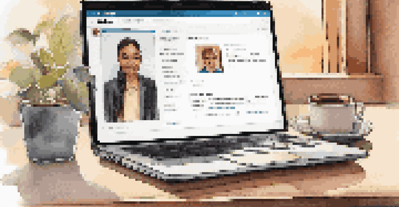 A laptop showing a LinkedIn profile with a professional headshot and skills highlighted.