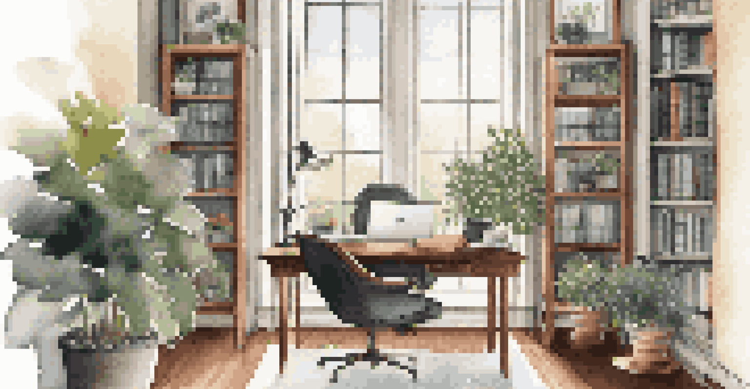 A stylish workspace with a modern desk, laptop, and cozy reading nook, filled with natural light and indoor plants.