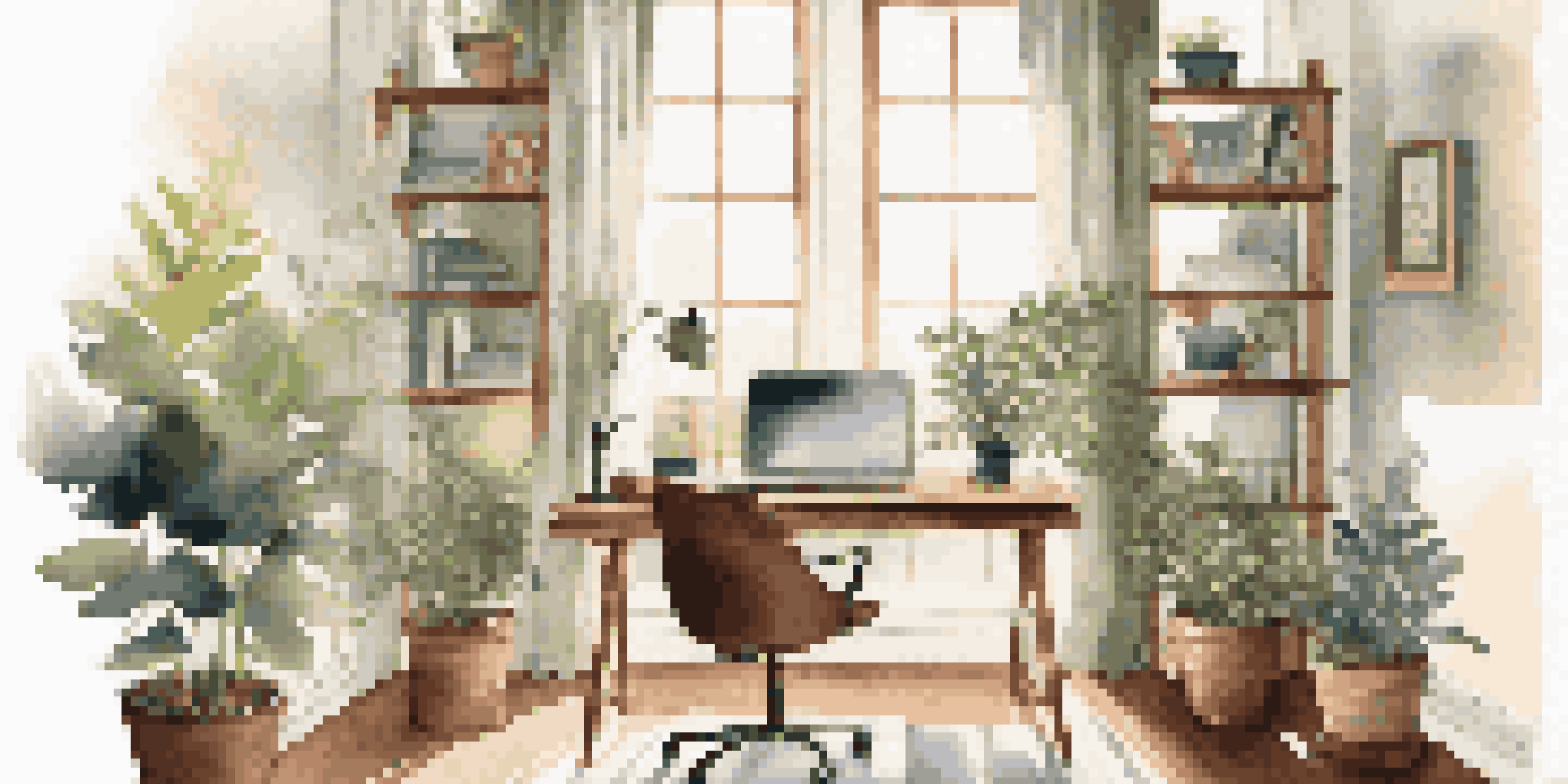 A cozy home office with a desk, laptop, and a cup of coffee, illuminated by natural light from a window.