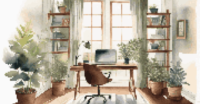 A cozy home office with a desk, laptop, and a cup of coffee, illuminated by natural light from a window.