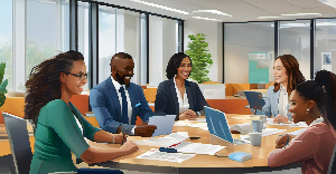 A diverse group of employees discussing around a round table in a bright office, showcasing teamwork and inclusion.