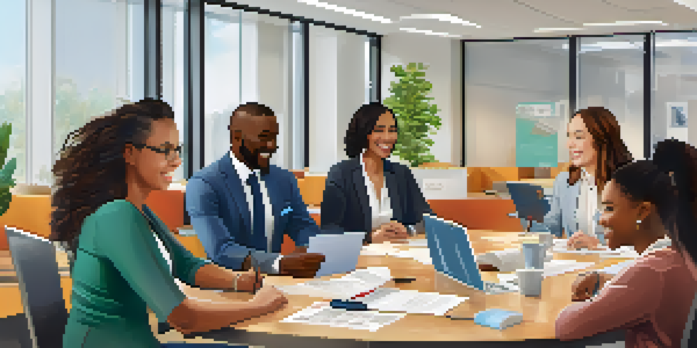 A diverse group of employees discussing around a round table in a bright office, showcasing teamwork and inclusion.