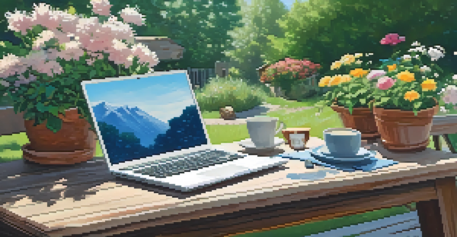 An outdoor workspace with a laptop and notebook surrounded by flowers and greenery.