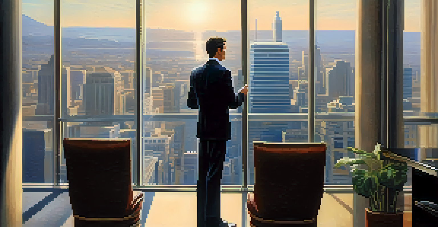 A confident individual in a business suit practicing interview responses in front of a mirror with a city skyline in the background.