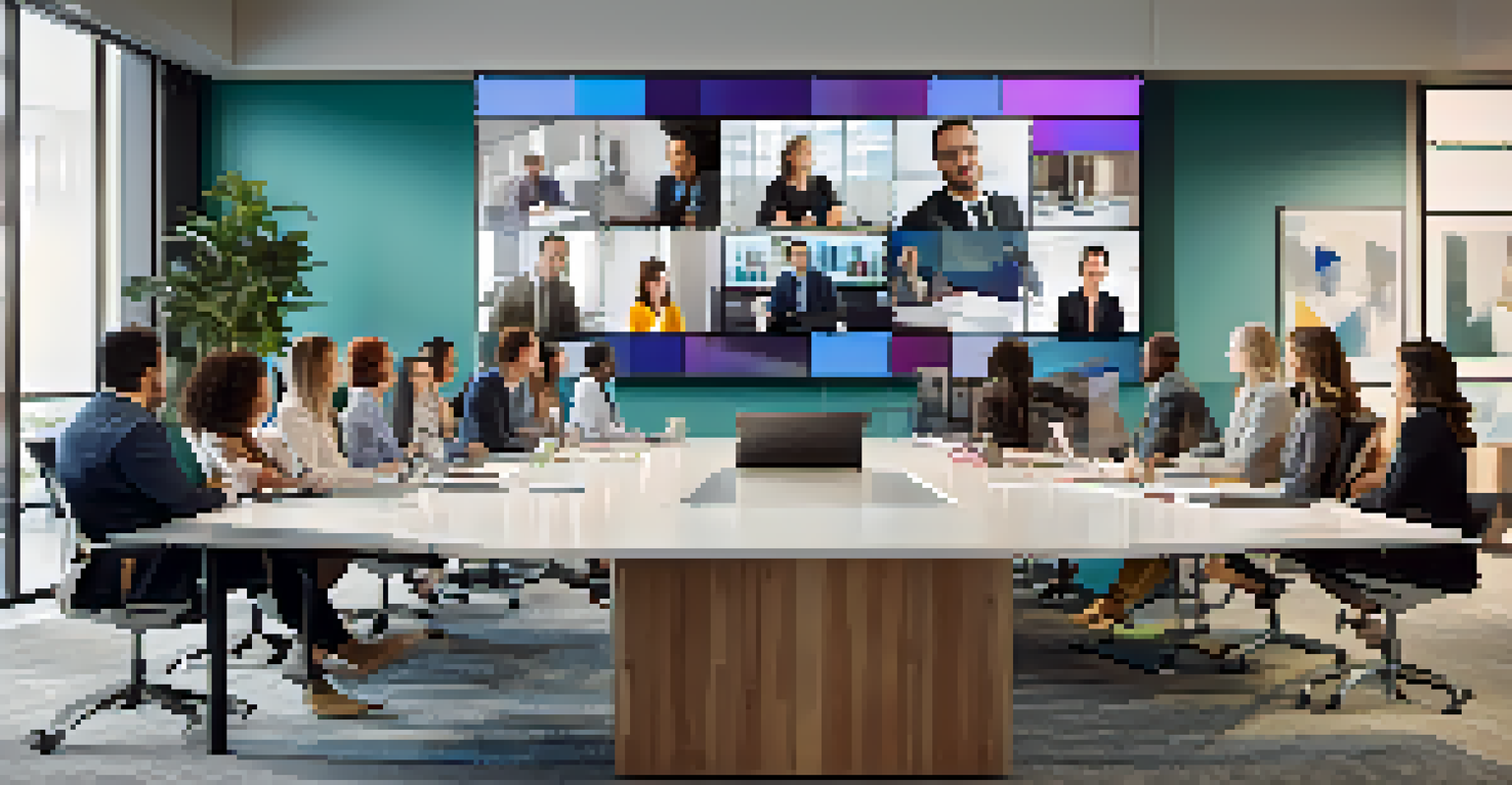 A diverse group of professionals collaborating on a video conference in a modern conference room.