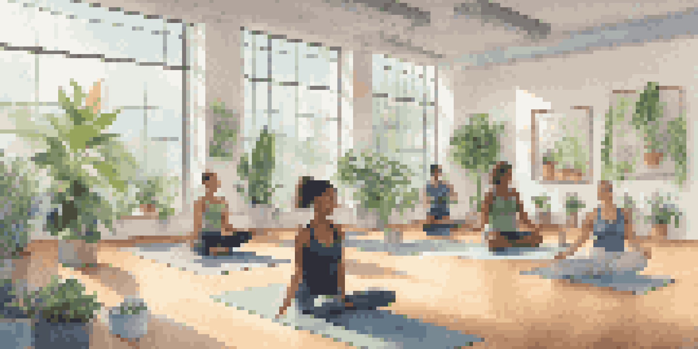 A bright office space with employees doing yoga, surrounded by plants and natural light.