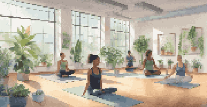 A bright office space with employees doing yoga, surrounded by plants and natural light.