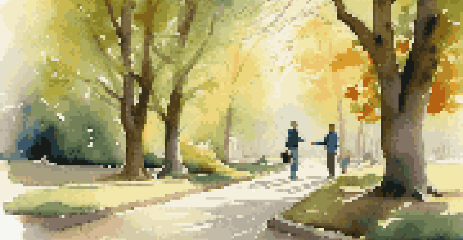 A coach and client walking in a park, discussing career goals amid nature.
