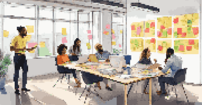 A diverse group of young professionals in a bright office space brainstorming ideas together.