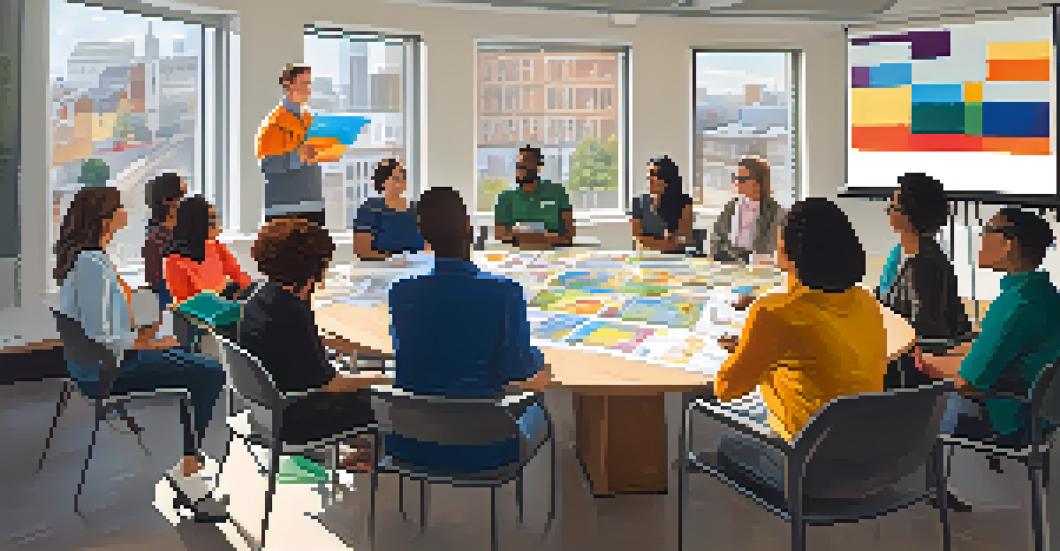 A diverse group of professionals engaged in a workshop, with a facilitator presenting and colorful materials around them.