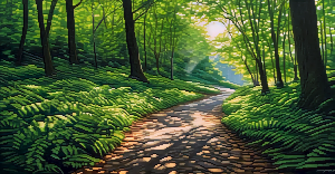 A person walking along a winding path in a lush green forest, sunlight filtering through the leaves, symbolizing a journey towards career goals.