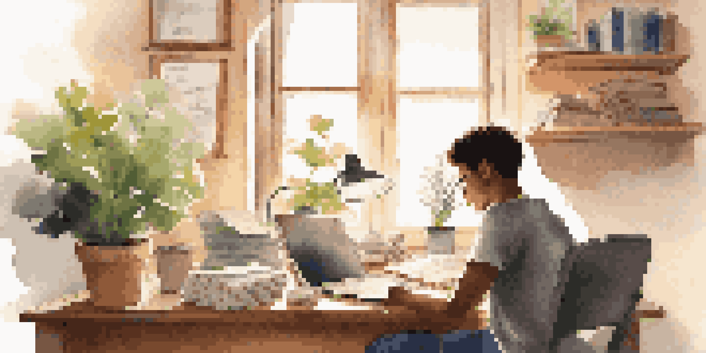 A focused student studying at a desk with textbooks and a laptop, sunlight illuminating the room.