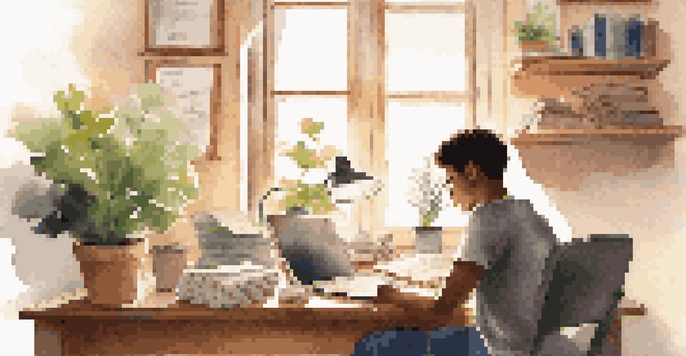 A focused student studying at a desk with textbooks and a laptop, sunlight illuminating the room.