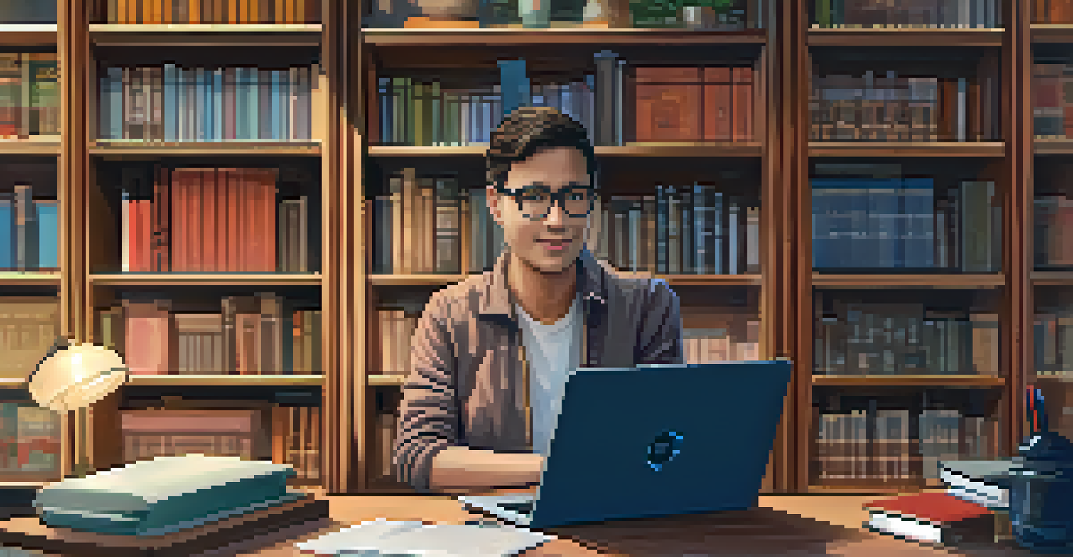A person engaged in a virtual meeting, taking notes in a well-lit room with bookshelves in the background.