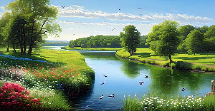 A picturesque river surrounded by greenery and colorful flowers, with sunlight shimmering on the water and birds in the sky.