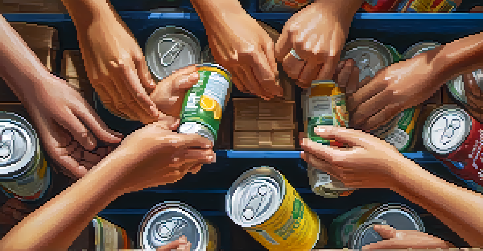 Close-up of hands organizing supplies at a food bank, highlighting community service and dedication.