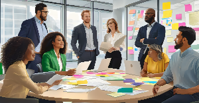 A diverse group of professionals collaborating in a bright office setting, with colorful notes around them.