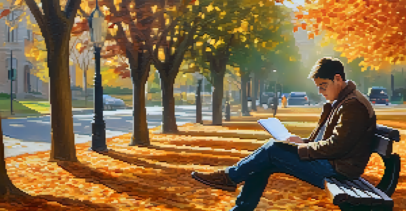 A person sitting on a park bench in autumn, holding a notebook and reflecting on their career journey, with colorful leaves in the background.