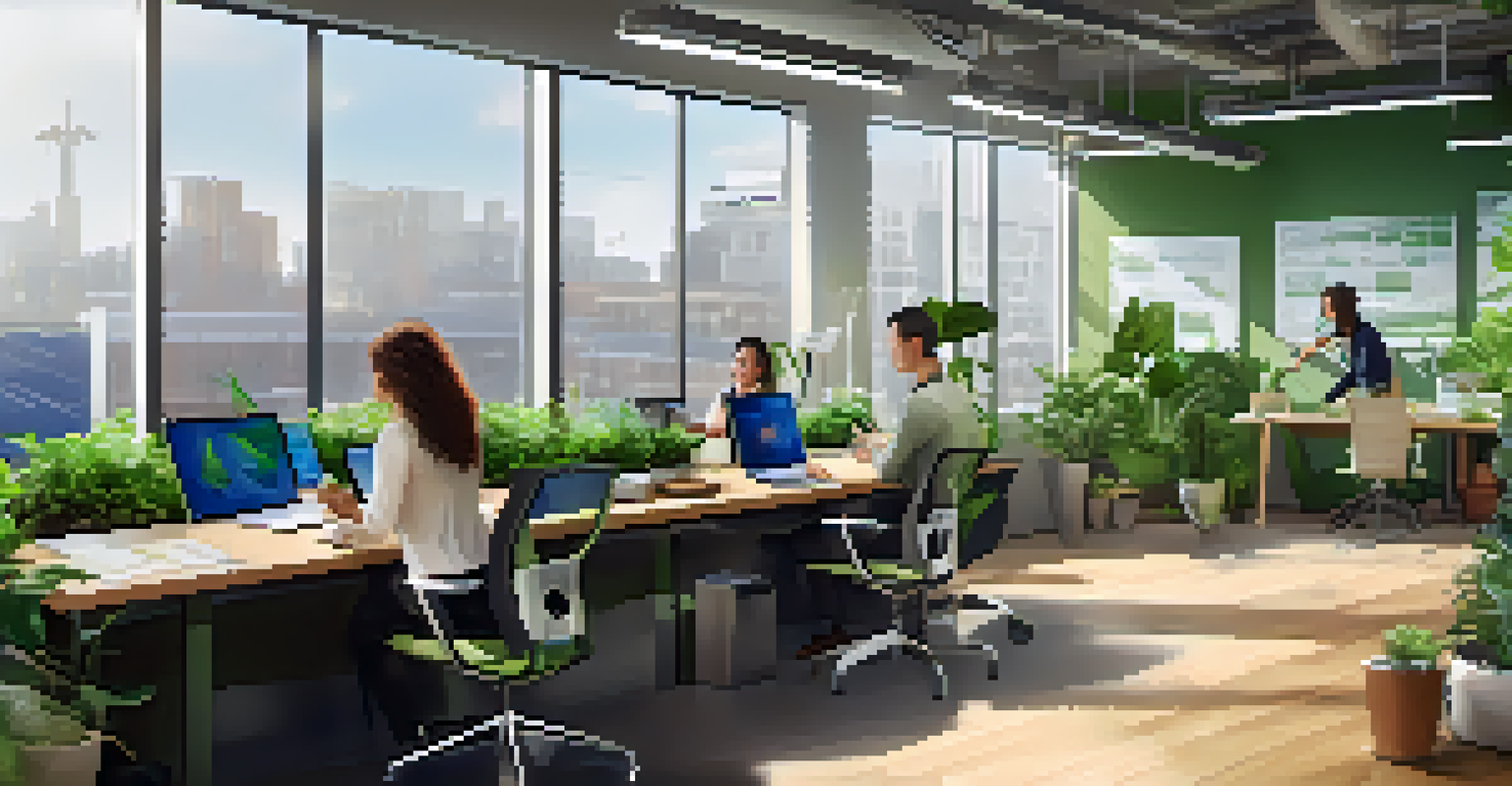 An eco-friendly office interior with green walls and natural lighting, where employees collaborate around a table, emphasizing sustainable practices.