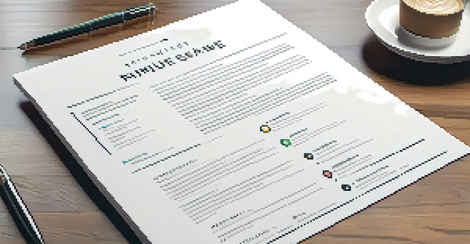 A close-up of a professional resume on a wooden table, displaying a clean layout with headings and bullet points, and highlighted sections in a subtle color palette.